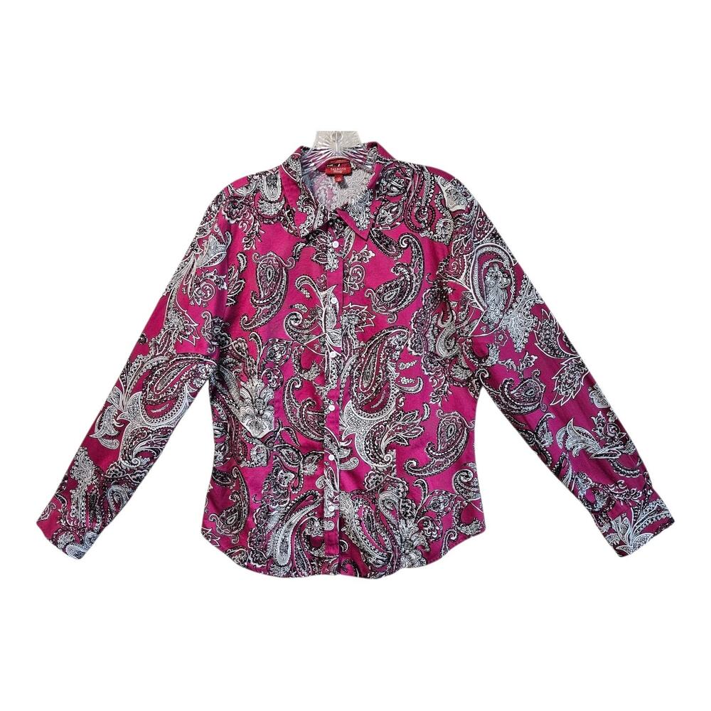 TALBOTS Women's 14 Blouse Paisley Pink Black Button Up Cotton Sateen Classic 40" - Picture 2 of 9